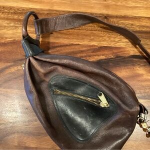 Brown and Black Leather Belt Bag with Adjustable Strap